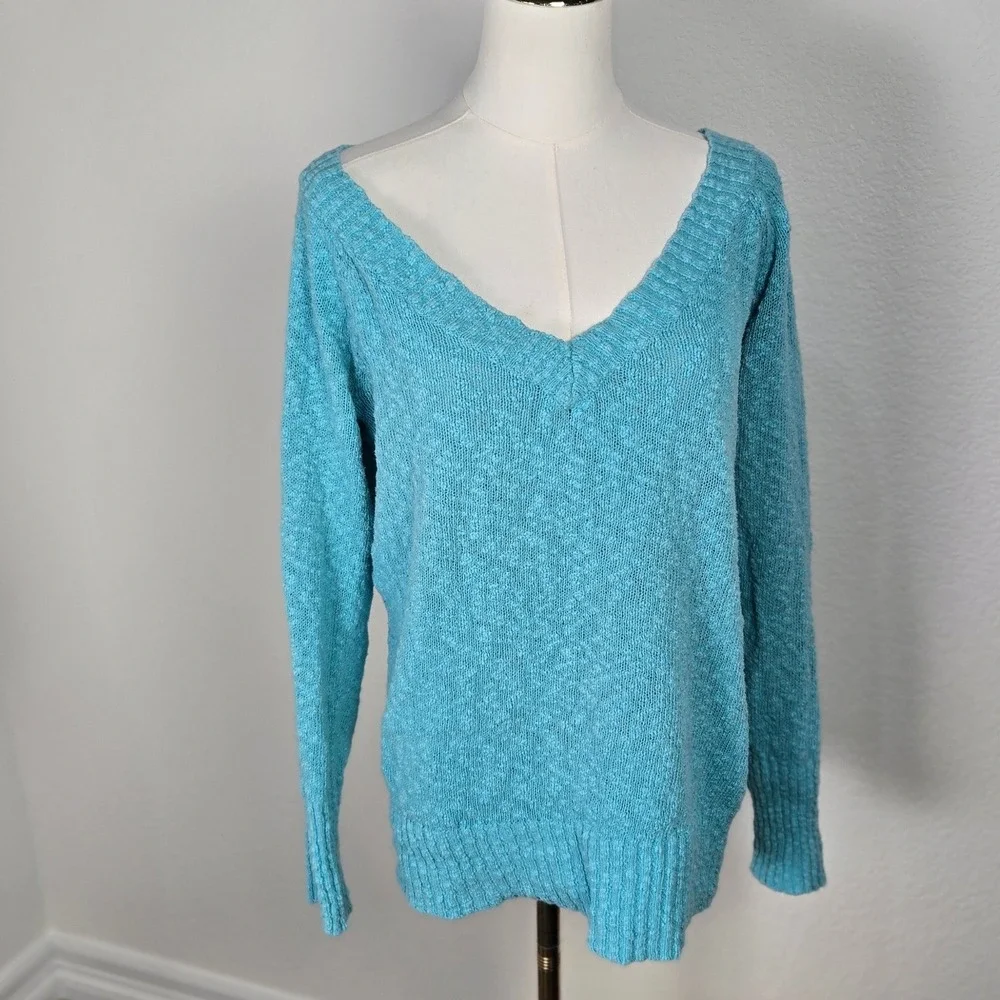 Vintage Y2K Old Navy‎ Aqua Chunky Knit Wide V Neck Sweater Cotton Women M Bella